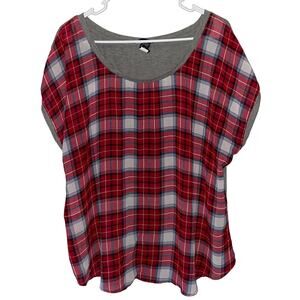 Torrid Red Plaid Top 1 Sheer Grey Back Short Sleeve Casual Fall Womens